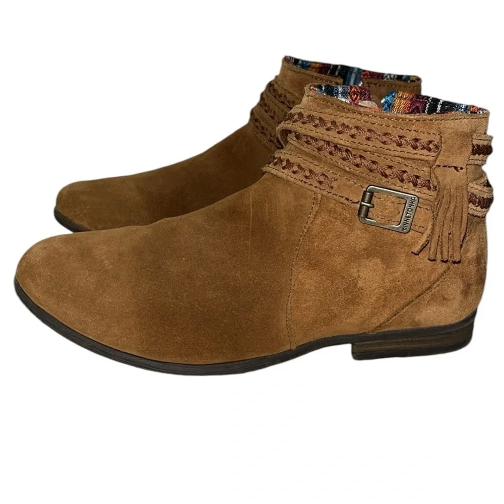 Minnetonka Women's 563 Dixon boot suede leather Arizona pattern trim Sz 7.5 Brwn - Picture 1 of 11